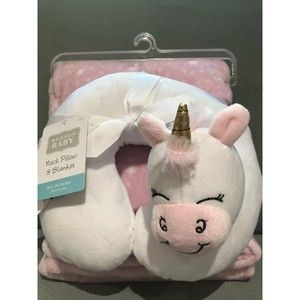 Hudson Baby  Neck Travel Pillow & Baby Blanket Set Girl Pink Unicorn New